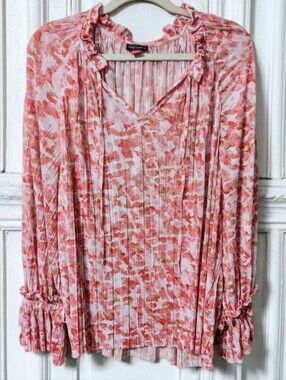 Vince Camuto Pink Abstract Brushstroke Ruffle Long Sleeve Blouse, Size XL